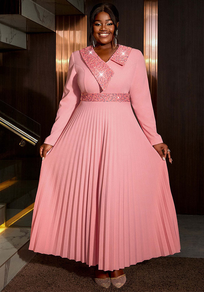 Women pink sequined v-neck pleated party dress