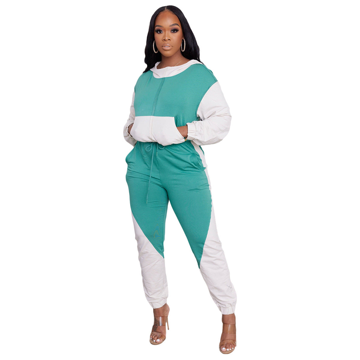 Women'S Patchwork Contrasting Hoodie Sport Casual Two Piece Pants Set