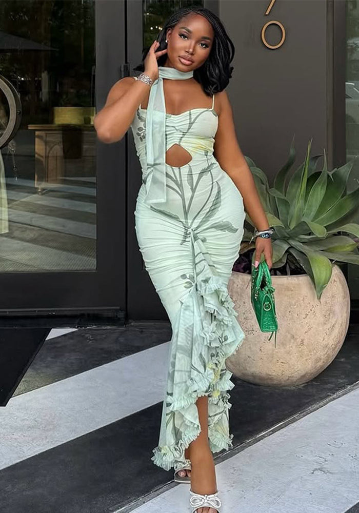 Women printed elegant ruffled Bodycon suspender sleeveless dress