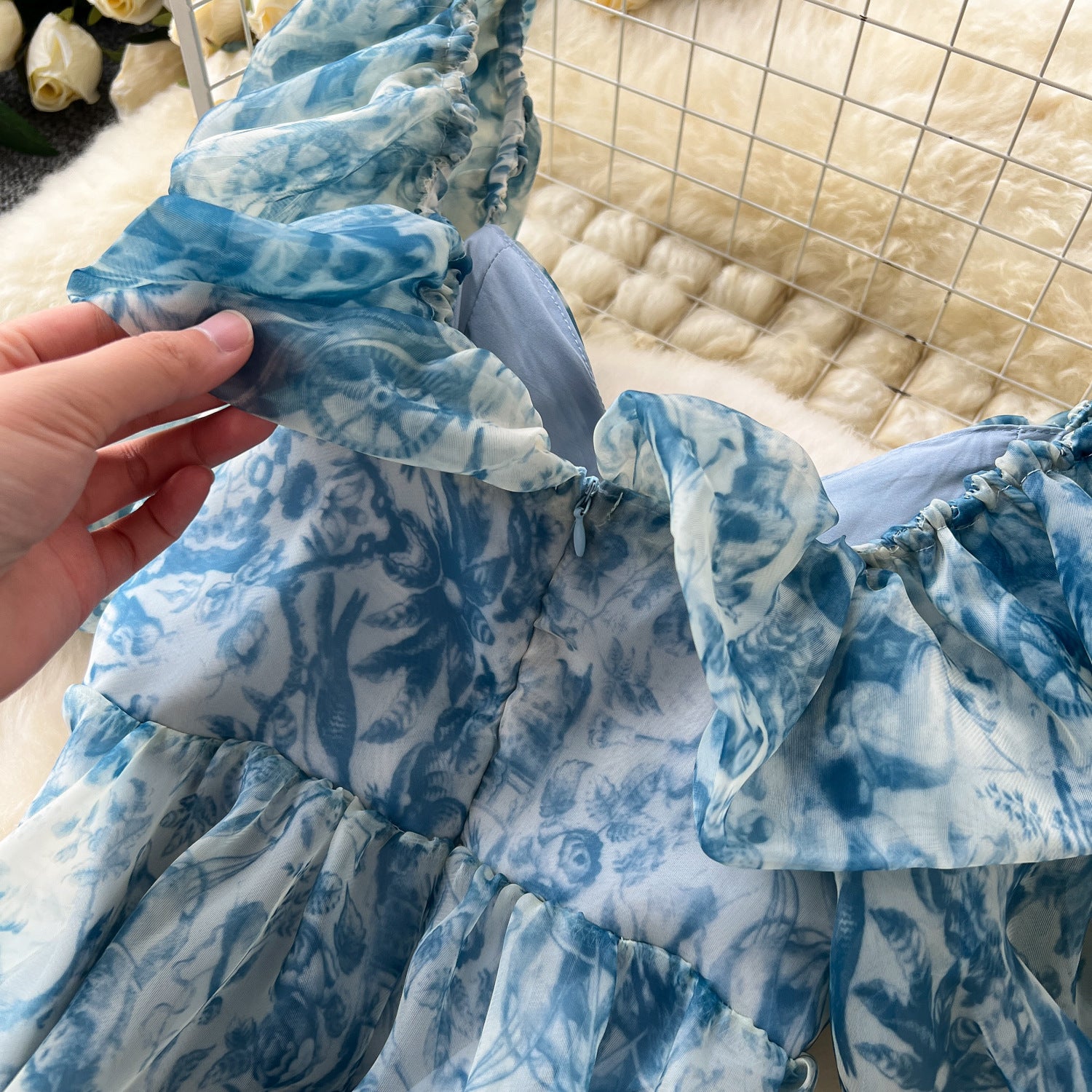 Organza Square Neck Puff Sleeve Chic Slim Waist Holiday Dress 7