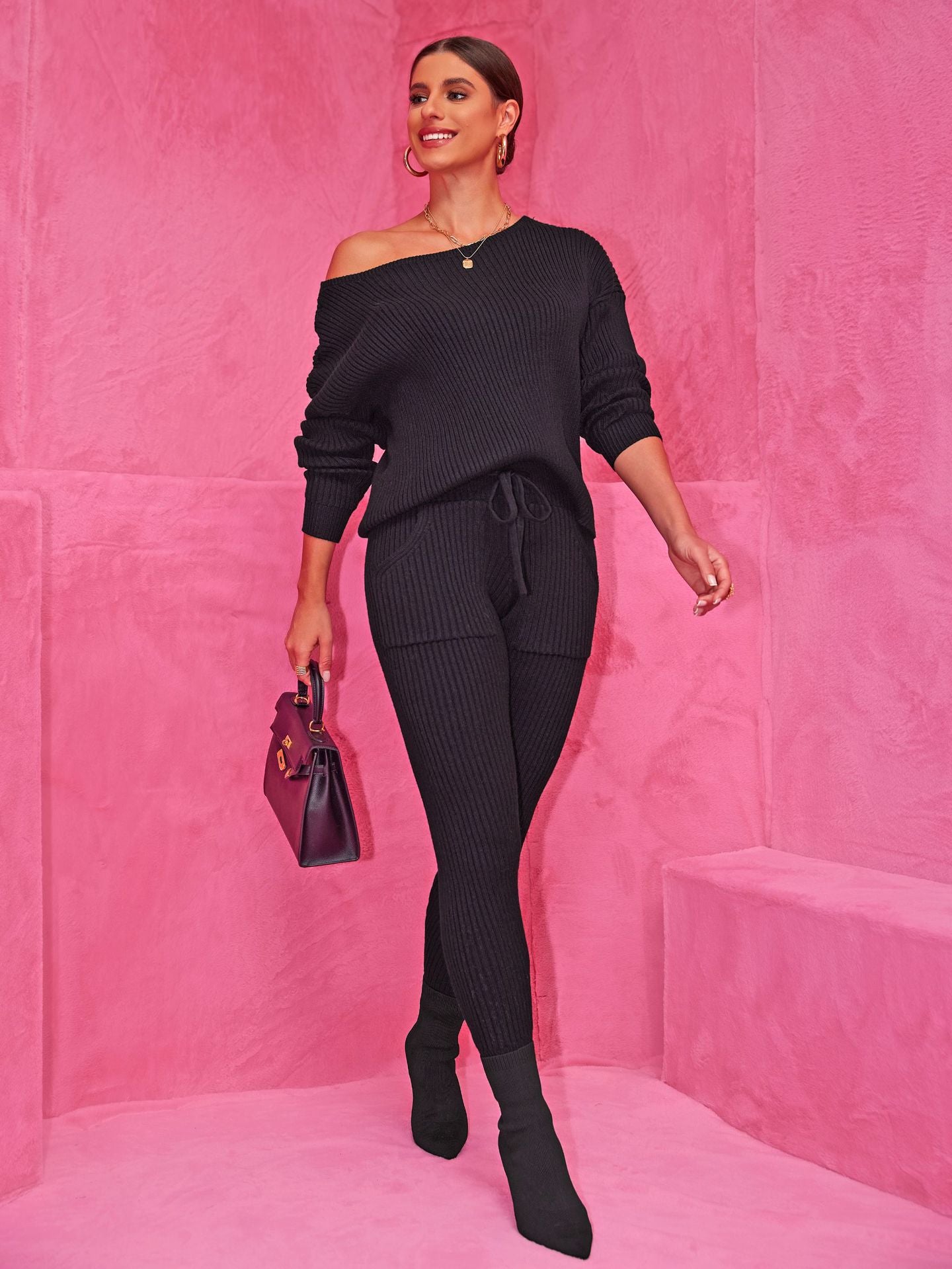 Autumn Winter Round Neck Long Sleeve Sweater Woolen Trousers Two Piece Set 11