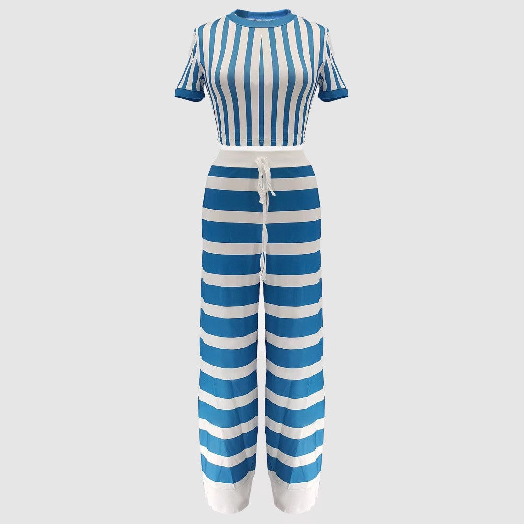 Stripe Round Neck Short Sleeve Top & Pants Set 5
