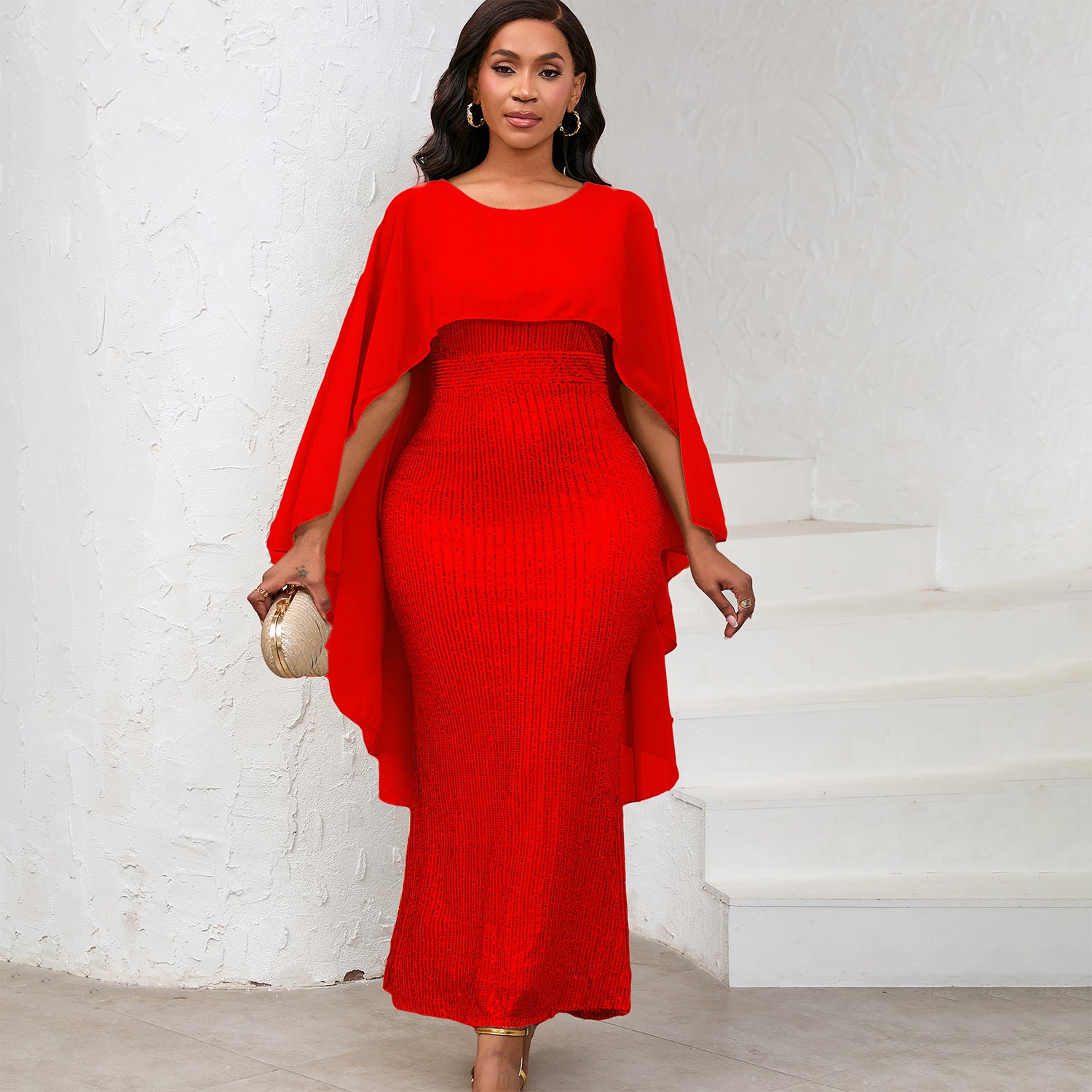 Women's Spring Fashion Chiffon Cape Sequin Bodycon Long Formal Party Dress 10
