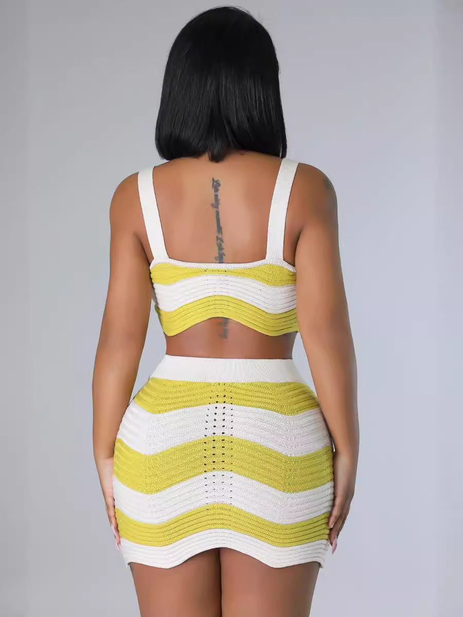 Summer Fashionable Contrasting Stripes Sexy Knitting High Waist Two Piece Skirt Set 3