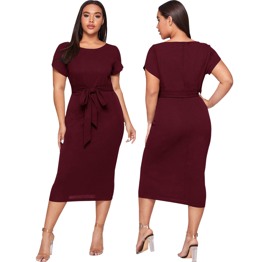 Women Round Neck Belted Short Sleeve Midi Dress 8