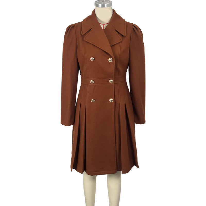 Women Fall and Winter Turndown Collar Double-Breasted Pocket Windbreaker 17