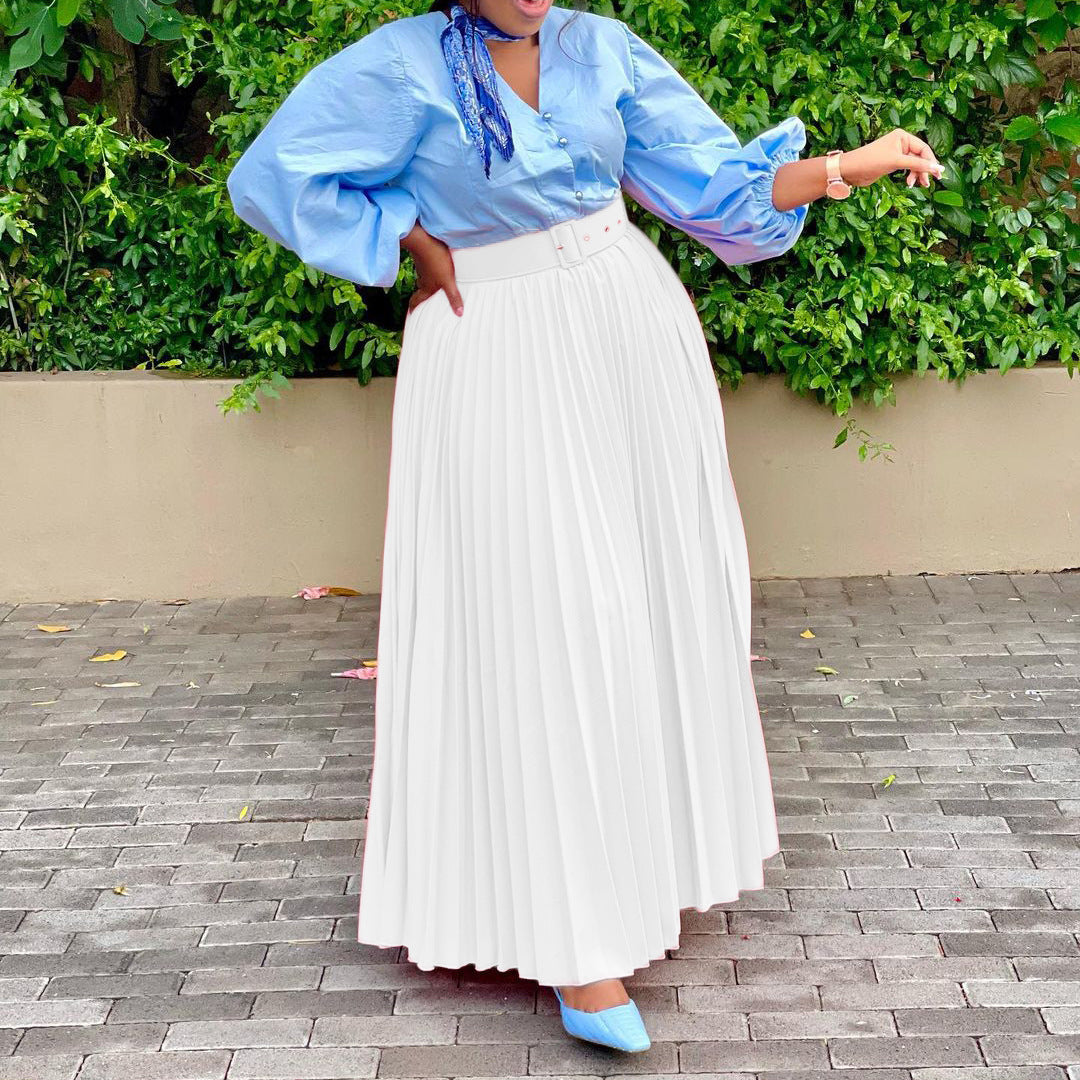 Women Elegant Pleated Style Skirt with Belt