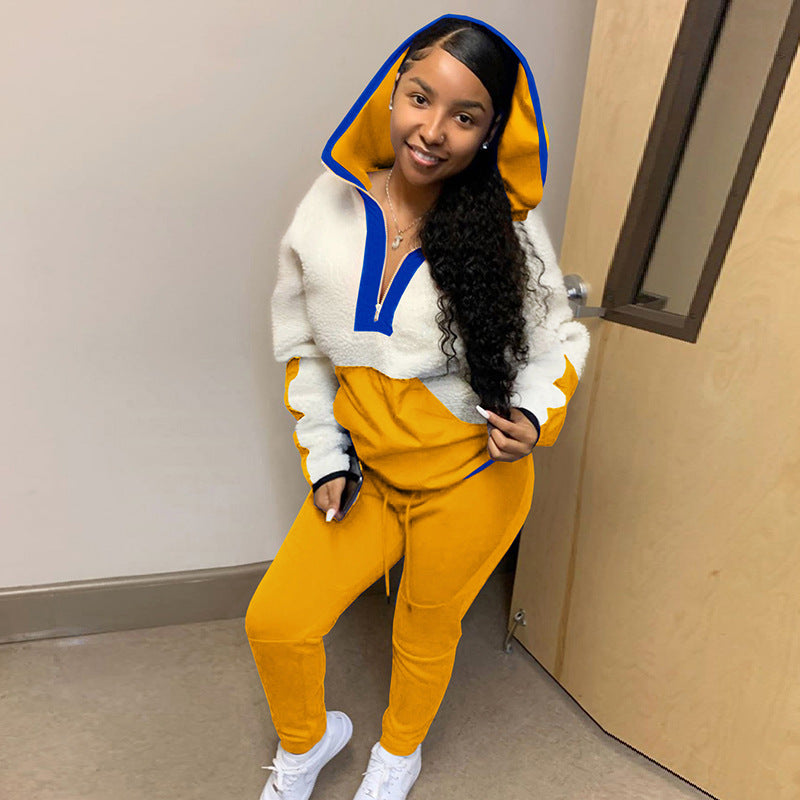 Women Autumn and Winter Casual Color Block Lamb Wool Hoodies Sports Two-piece Set 4