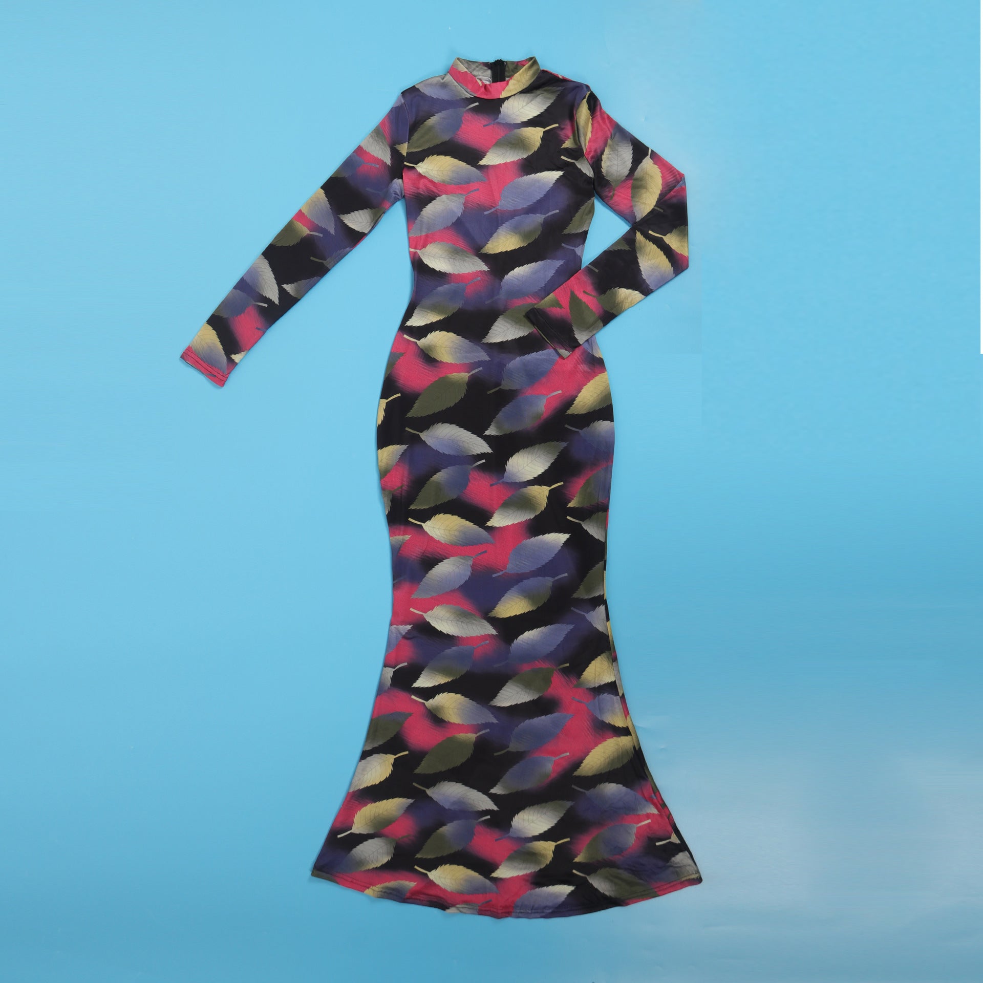 Sexy Printed Stretch Round Neck Long Sleeve Bodycon Tight Fitting Mermaid Long Dress 30