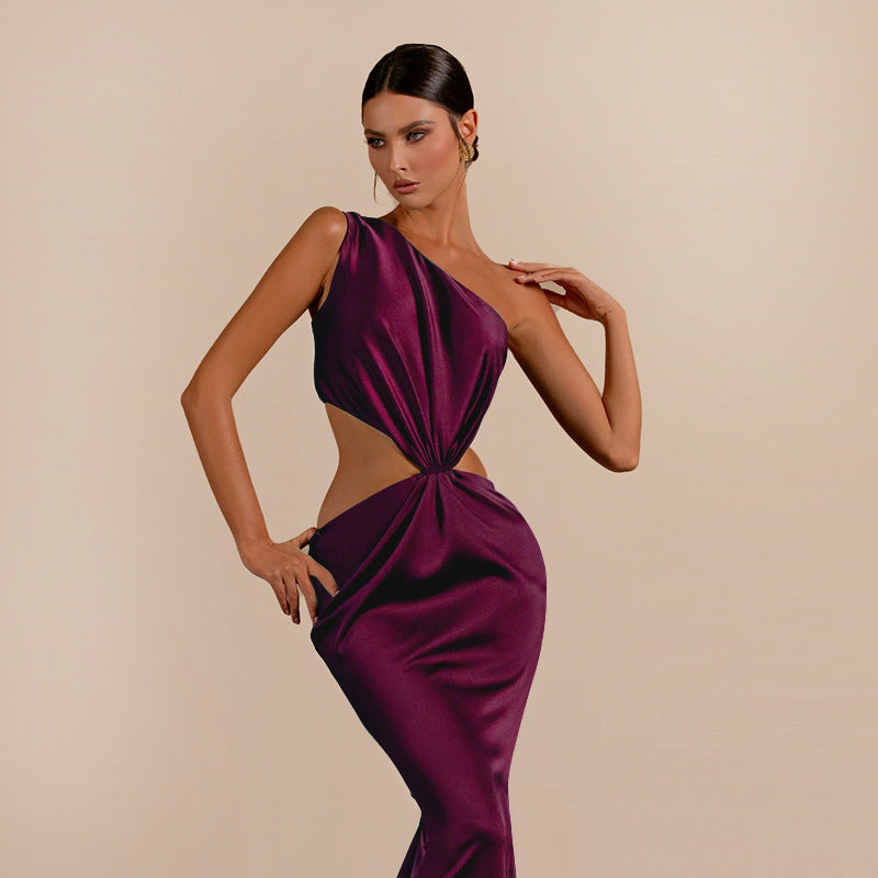 Sexy One Shoulder Hollow-Out Satin Maxi Dress Chic Gown 3