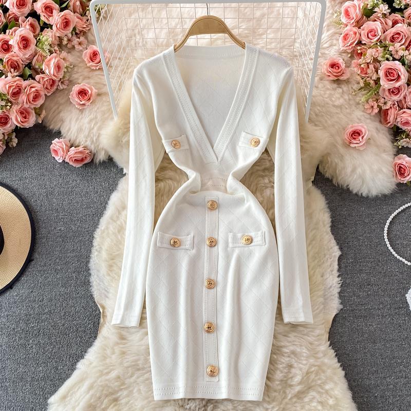Autumn And Winter Women's V-Neck Long-Sleeved Sweater Dress Slim Fit Bodycon Knitting Dress 14
