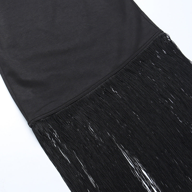 Women Summer Tassel Sexy Strapless Slit Dress 10