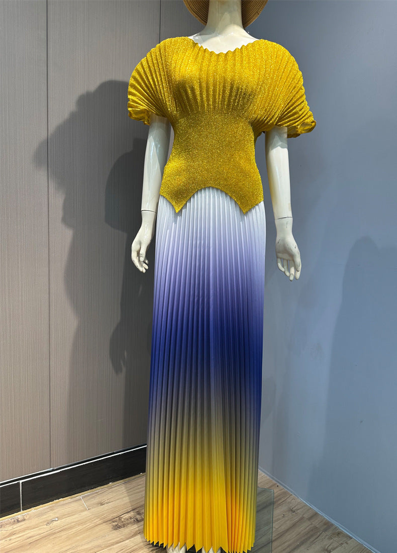 Women pleated v-neck sexy Shiny Top and gradient elegant Skirt two-piece set 5