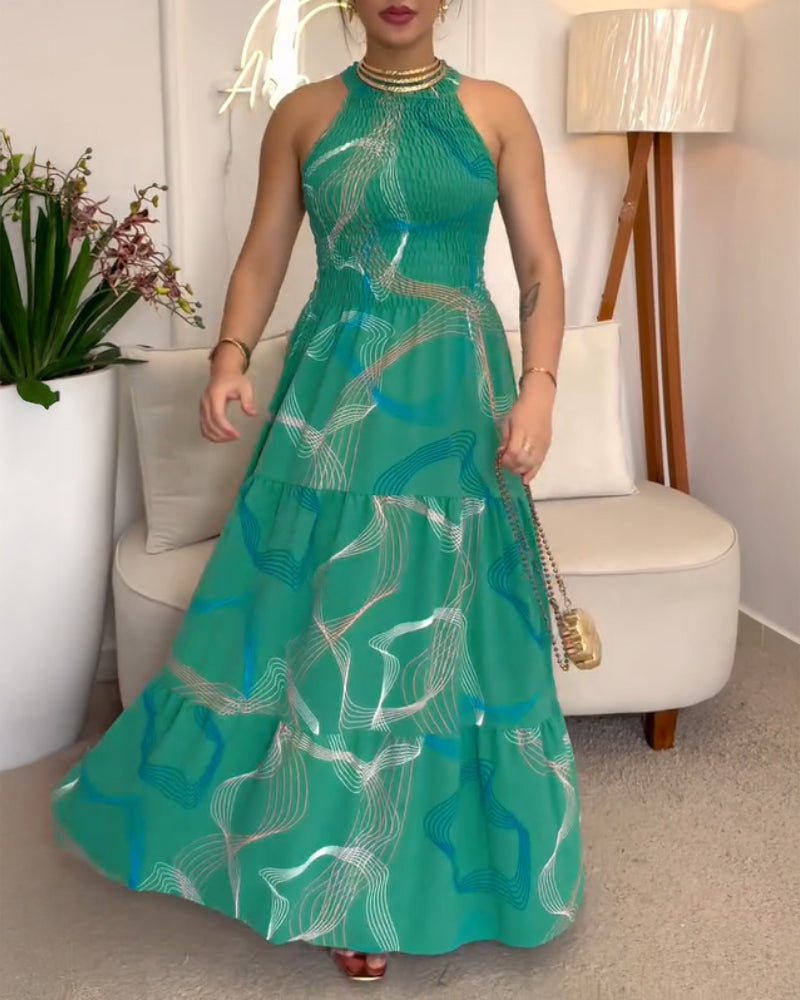 Fashion Halter Neck Sleeveless Slim Waist Print Maxi Dress 5