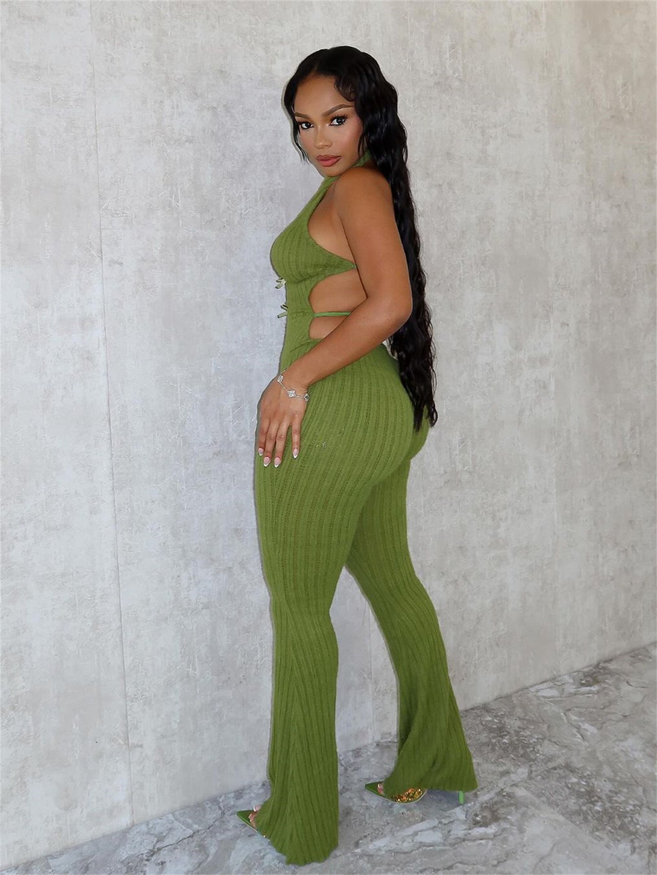Women summer Halter Neck lace-up backless sexy Bell Bottom Jumpsuit 7