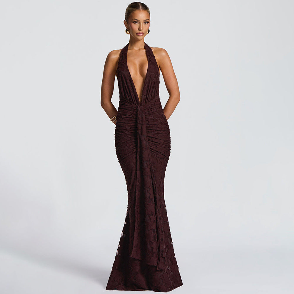 Women's Sexy Deep V Low Back Laced Crinkle Mermaid Long Dress 3
