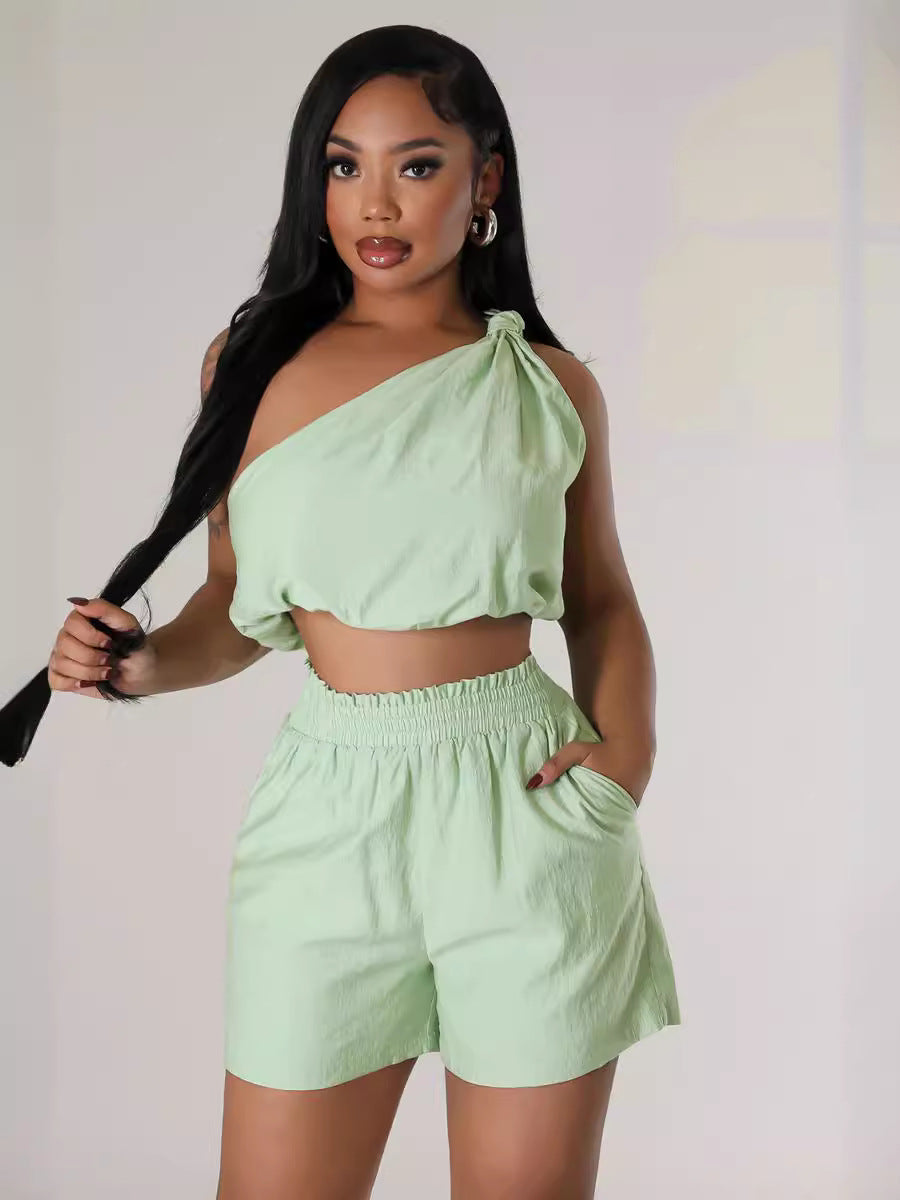 Women's Solid Color Slash Shoulder Sleeveless Two Piece Shorts Set 8