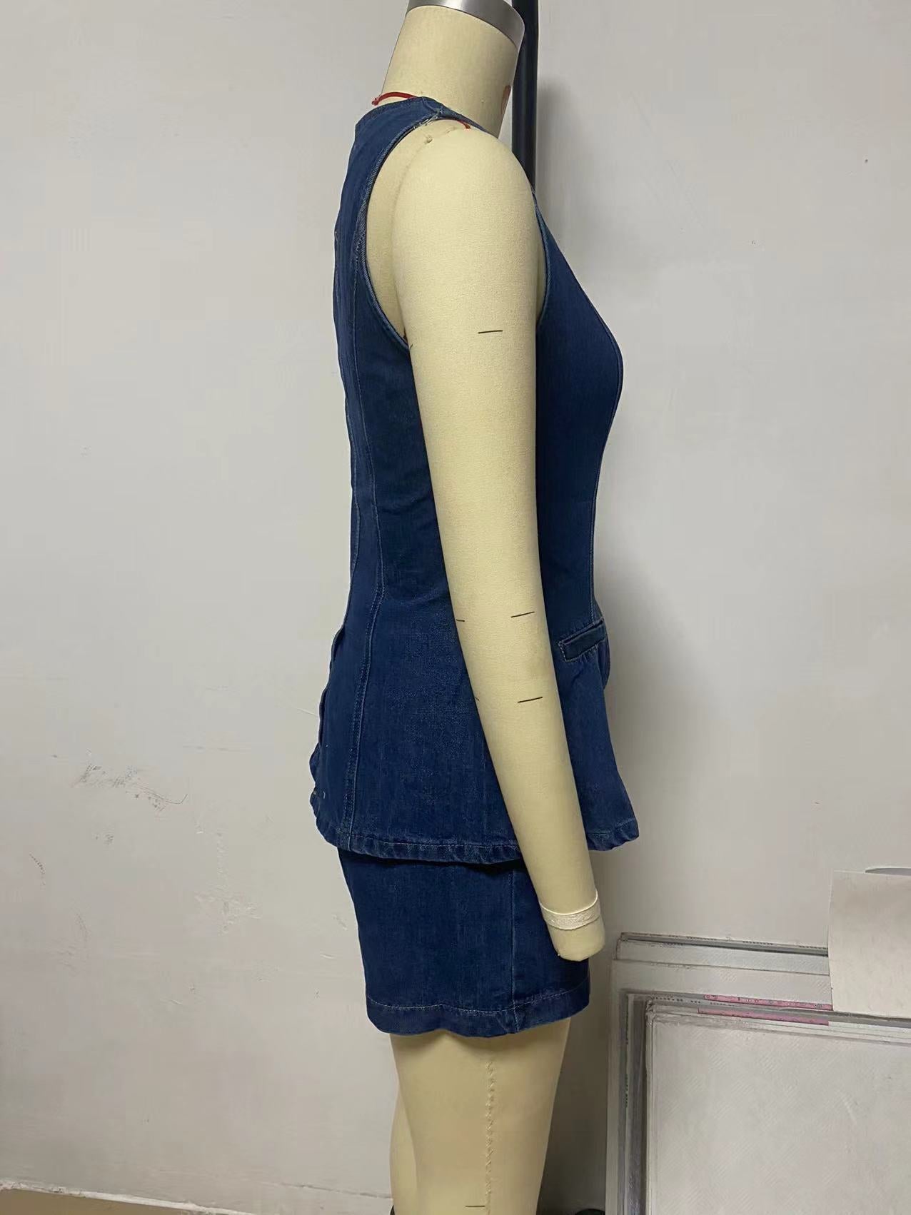 Summer Fashion Casual Sleeveless High Waist Women's Two Piece Denim Shorts Set 10