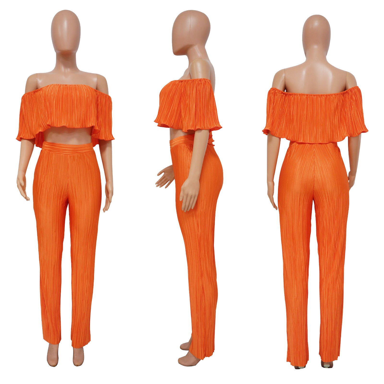 Women's Pleated Ruffle Off Shoulder crop top Wide Leg Pants two piece Set 21