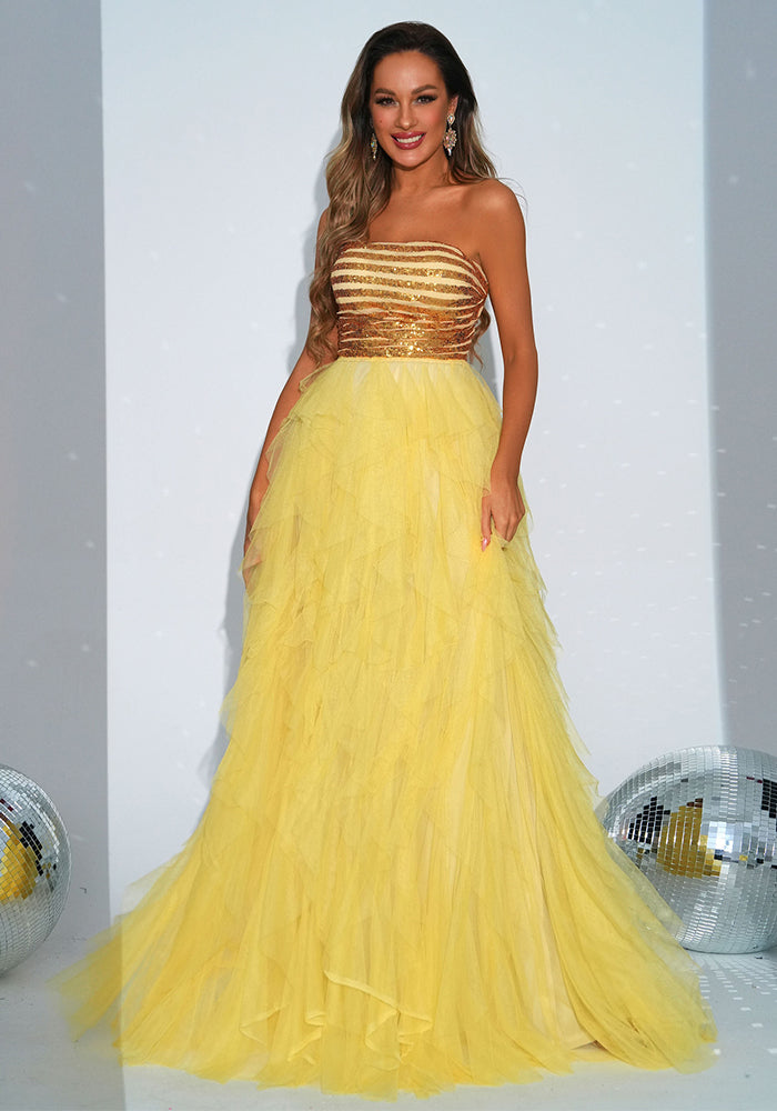 Summer strapless Sequin Mesh A-line Swing Evening Gown