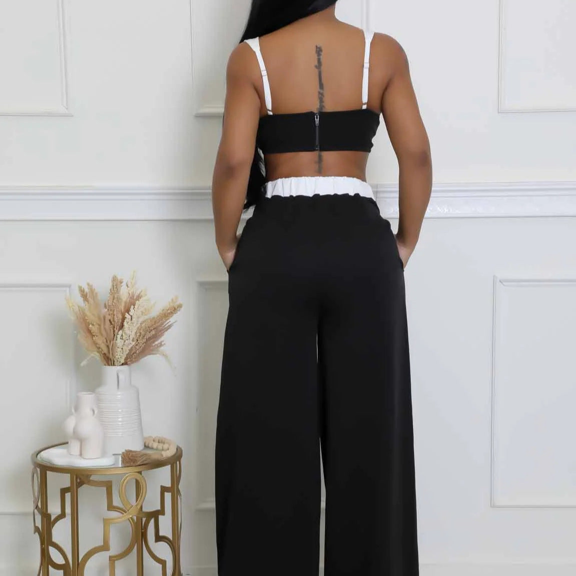 Women's Sleeveless Color-Block High-Waisted Wide-Leg Pants Set 7