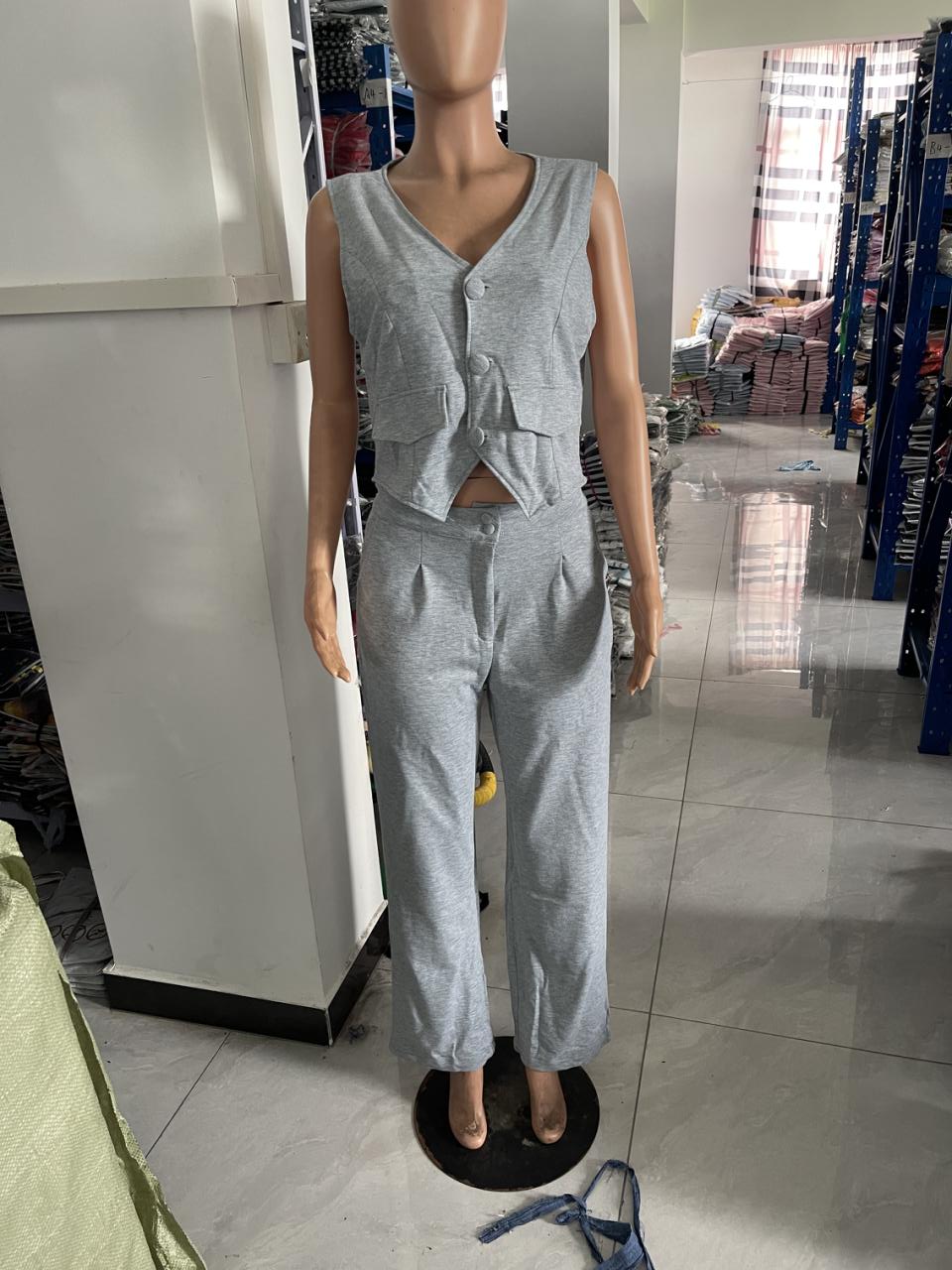 Women's Chic Elegant Solid Color Crop Top High Waist Pants Two-Piece Set 7