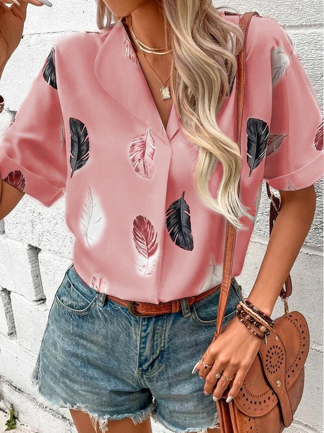 Spring And Summer Women's Turndown Collar Feather Print Shirt 13