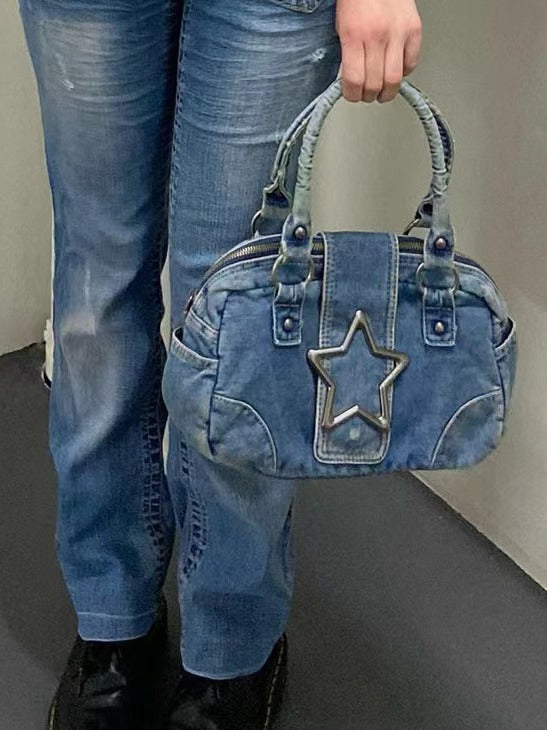 Women retro metal five-pointed star Denim handbag 3