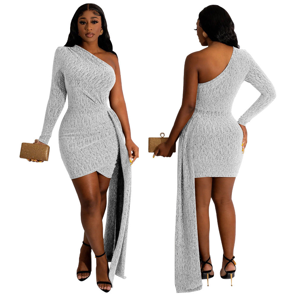 Women'S Fall Slash Shoulder Plain Patch Bodycon Dress