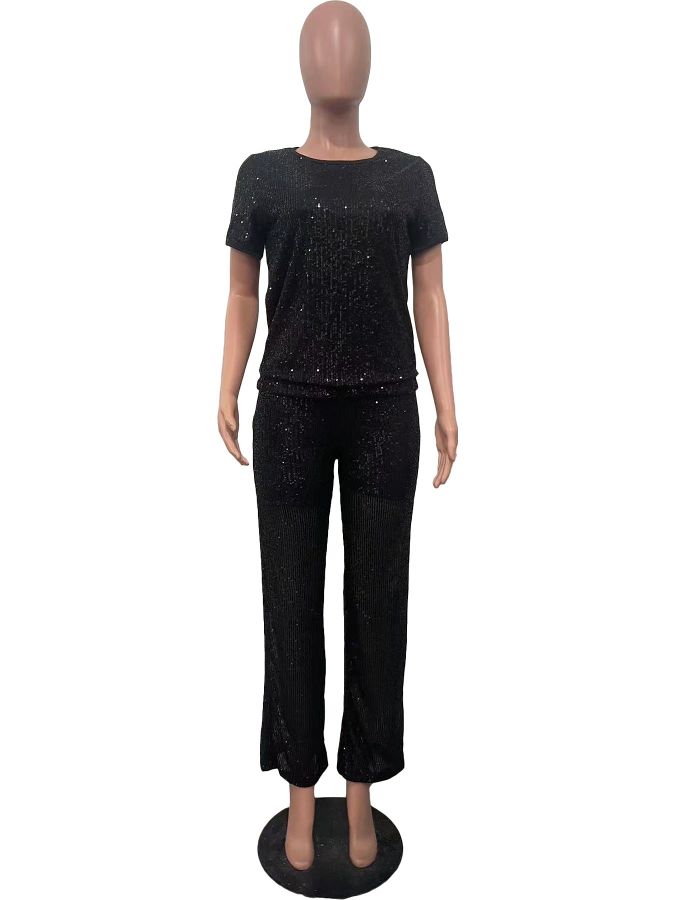 Women Spring Summer Sequin Solid Short Sleeve Top and Pants Two-piece Set 20