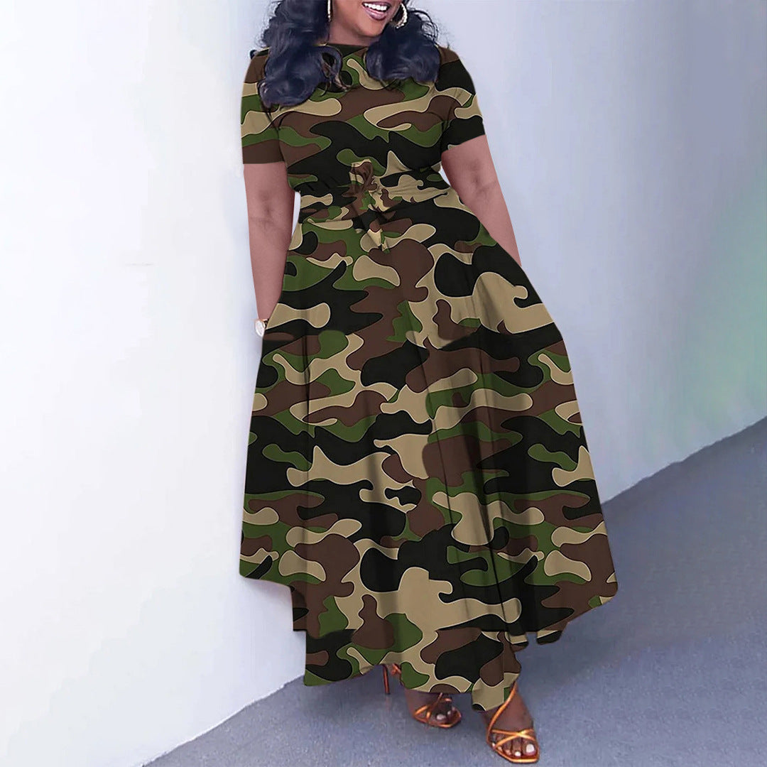 Women's Fashion Chic Tie-Waist African Plus Size Short Sleeve A-Line Dress 13