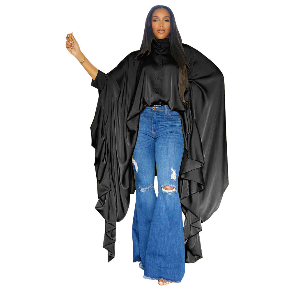 Women 's Autumn Pleated Long Solid Color Shawl Shirt 10