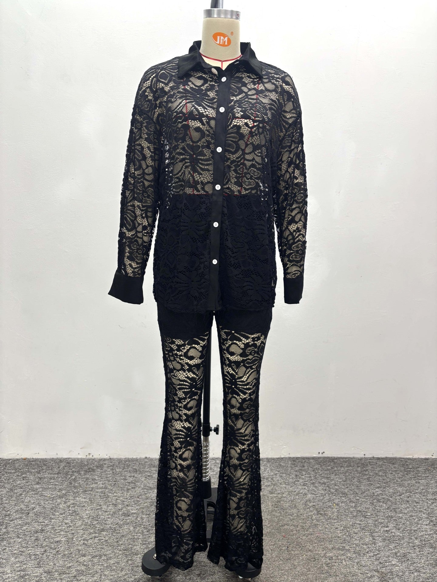 Women Hollow White Cardigan Lace Shirt and Wide-leg Pants Two-piece Set 15