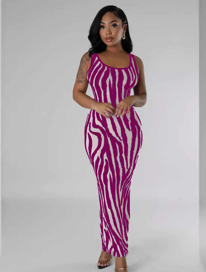 Summer Women's Zebra Print Sleeveless Hollow Long Dress 10