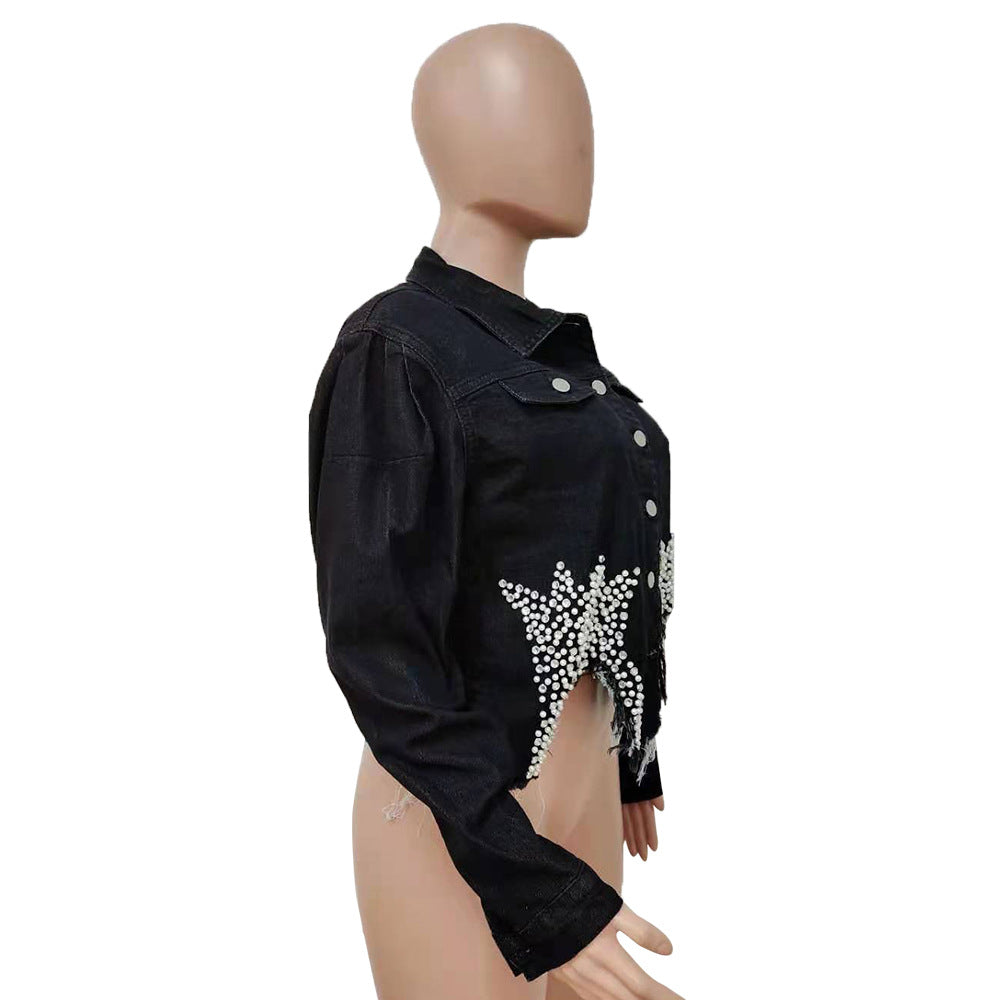Women beaded crown Denim jacket 9
