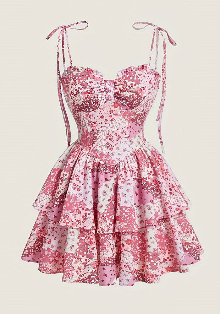 Women floral suspenders Cascading Ruffles Dress