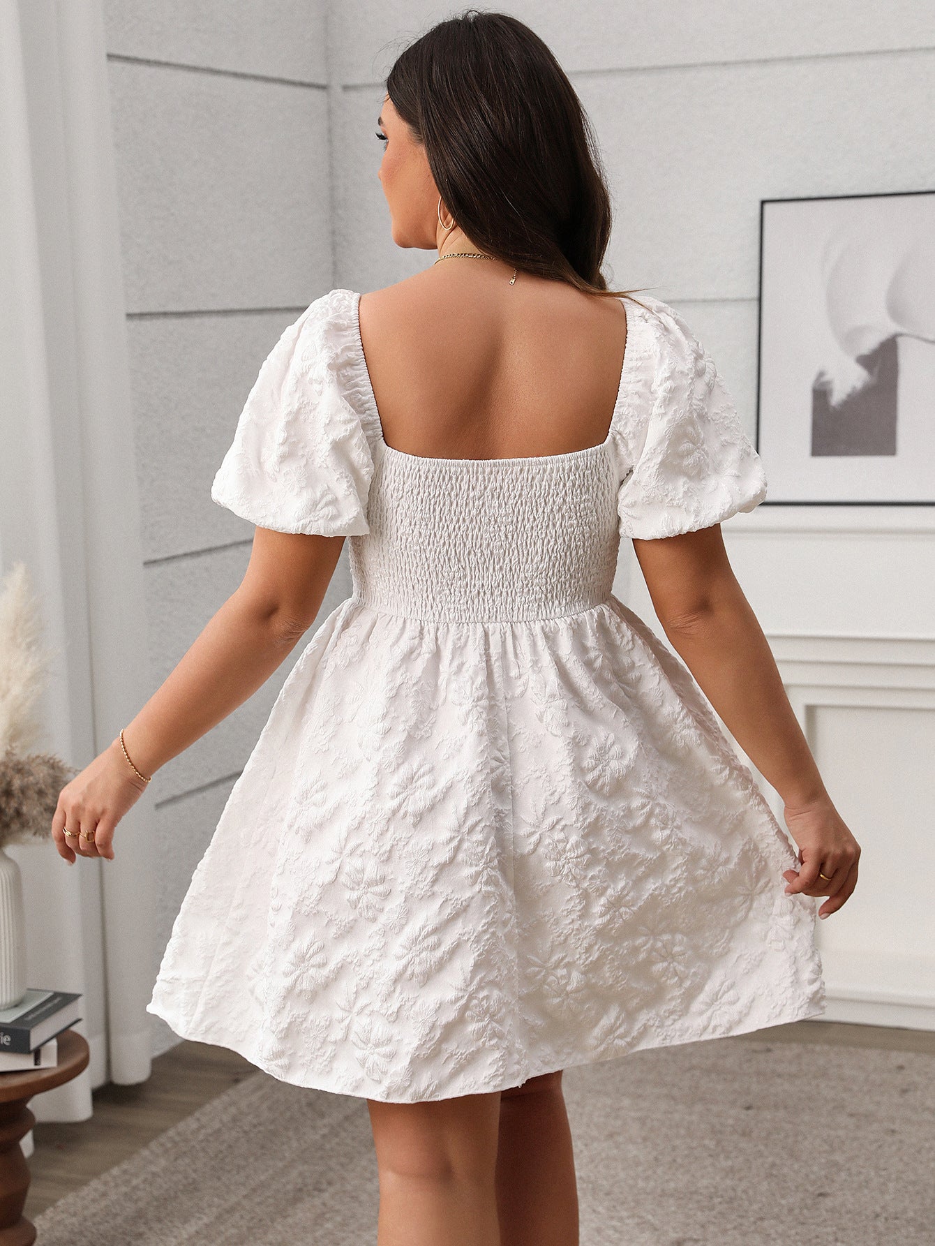 Plus Size Square Neck Puffy Short Sleeve White Dress 4