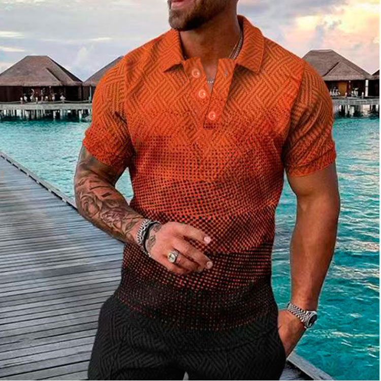 Men's Summer Fashion Casual 3D Printed Polo Shirt Turndown Collar Casual Short Sleeve 38