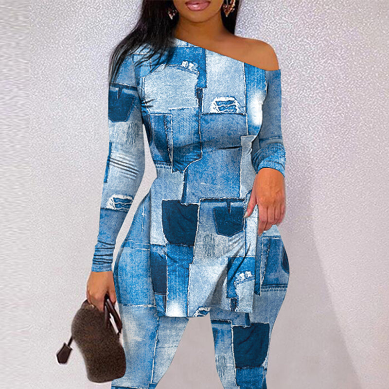 Women'S Fashion Print Slash Shoulder Long Sleeve Top Slim Pants Two Piece Set 4