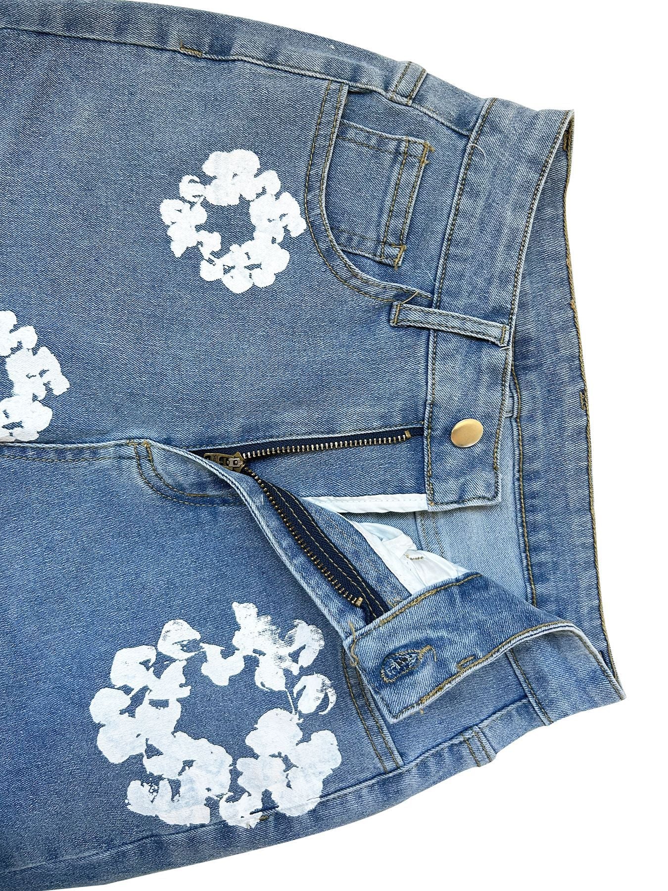 Women's Fashion Stretch Denim Fabric Flower Print Denim Trousers 14