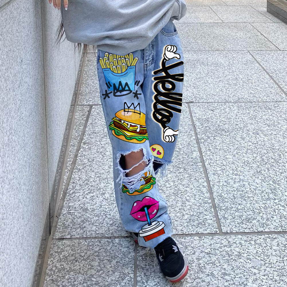 Women Ripped Print Shabby Denim Pants 3