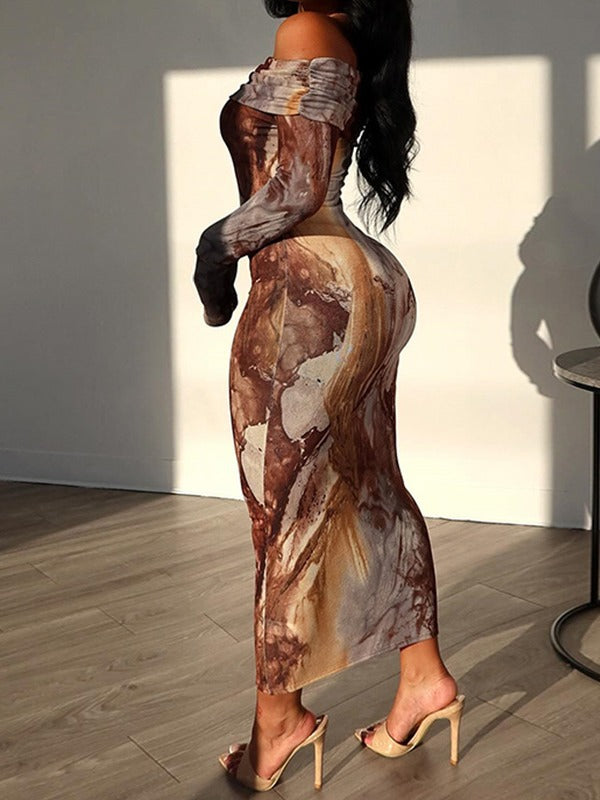 Women's Retro Fashion Print Sexy Off Shoulder Long Sleeve Trendy Dress 5