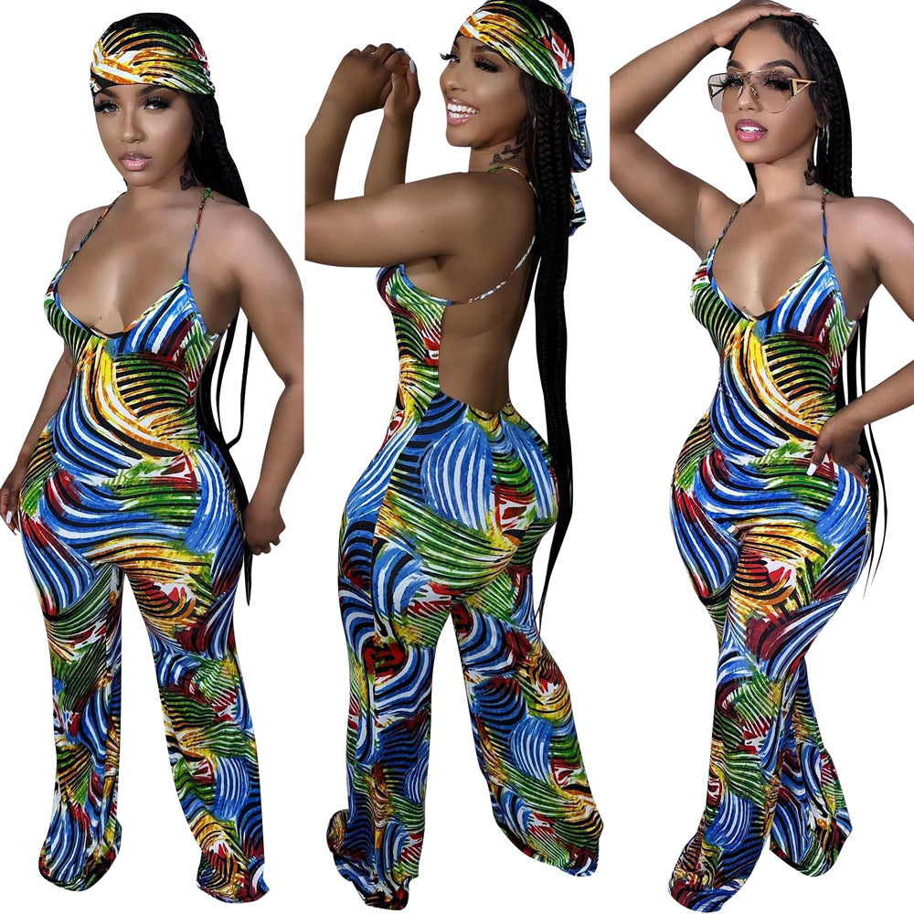 Women's Summer Sleeveless Straps Painted Print Low Back Long Jumpsuit With Bandana 5