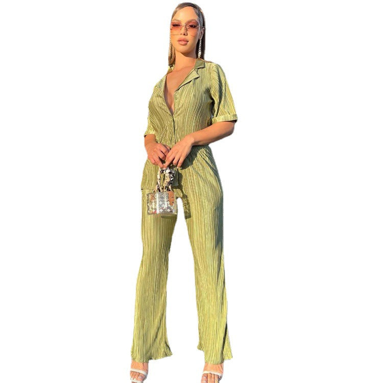 Women Summer French Short Sleeve Shirt And Pleated Wide Leg Pants Two Piece Set 6