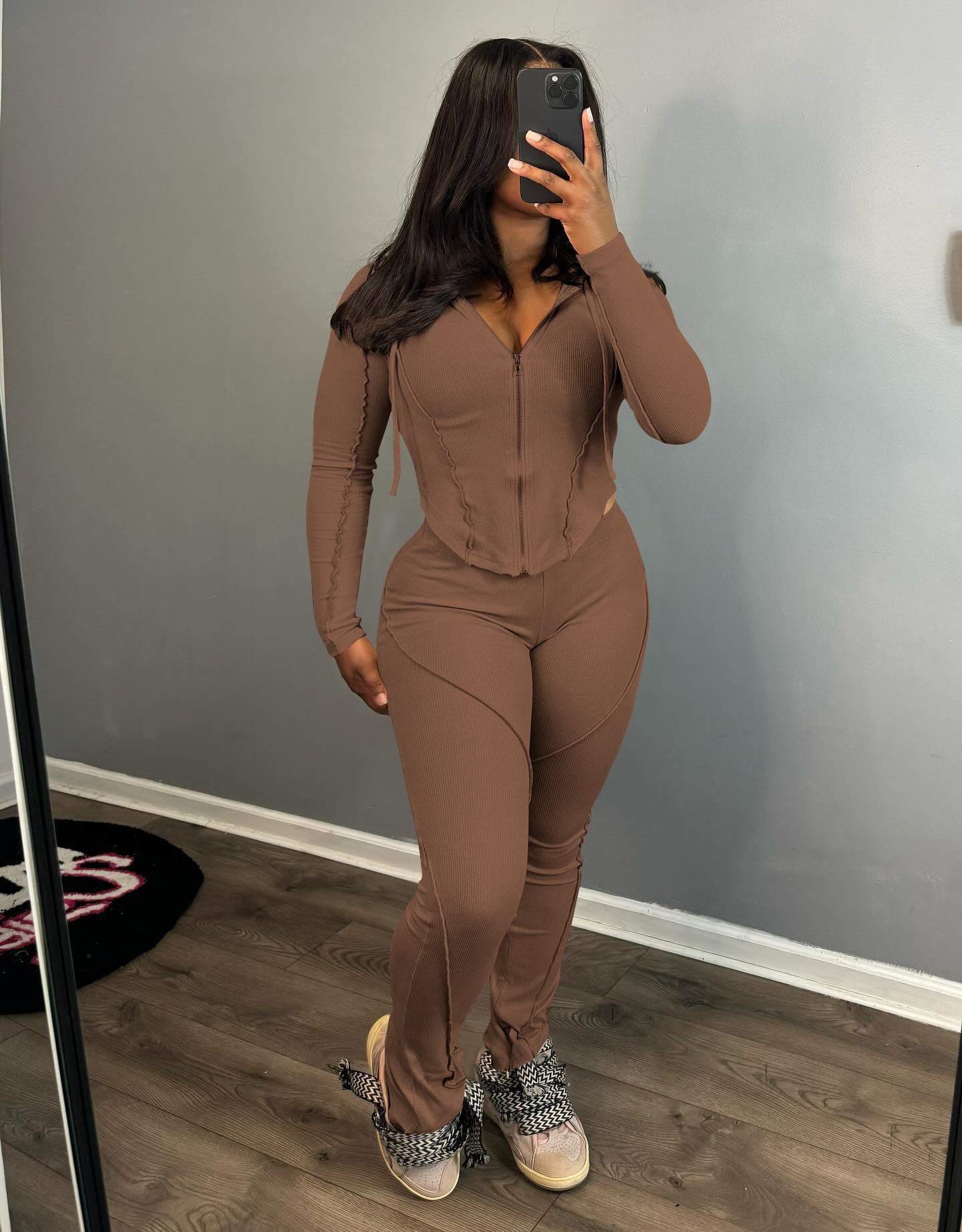 Women's Fashion Casual Ribbed Hooded Two-Piece Pants Set