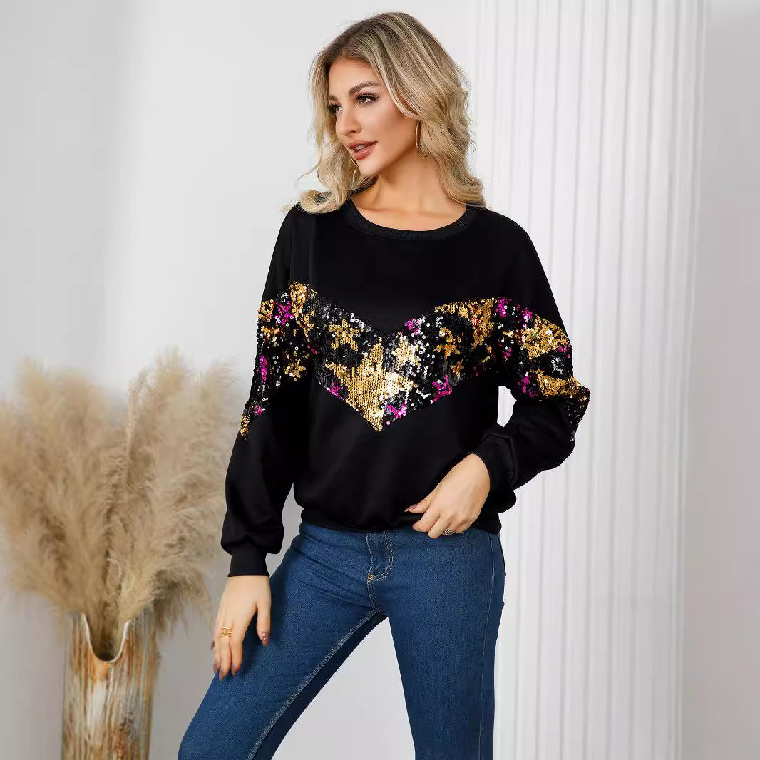 Women Casual Star Sequins Decorated Round Neck long sleeve top