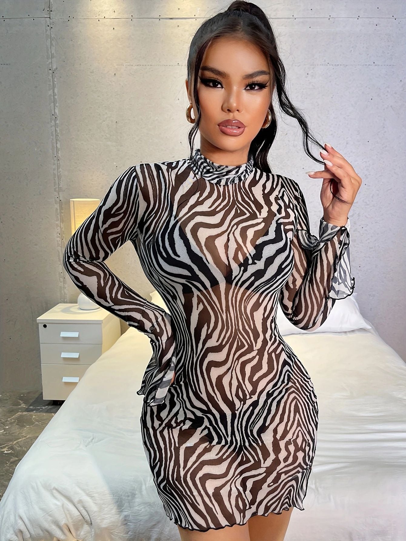 Women's Zebra Print ell Sleeves See Through Bodycon Mini Dress