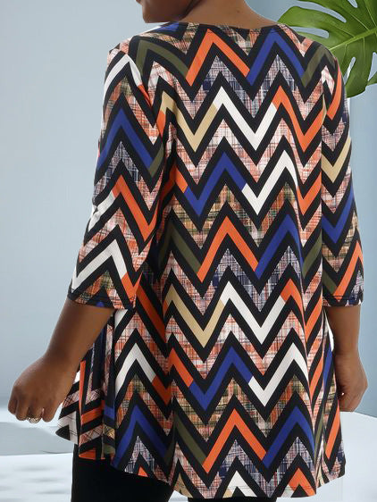 Plus Size Women Fall Casual Printed Round Neck Top 4