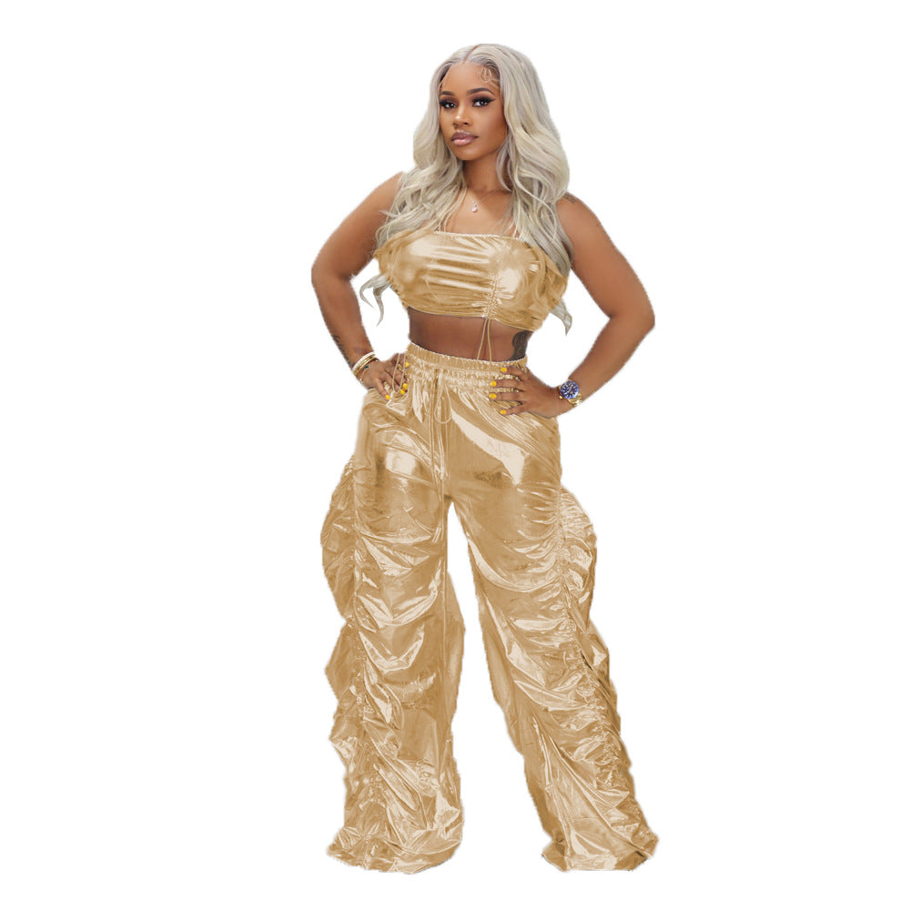 Women Fashion Shiny Street Hip Hop Crop Top and Pant Two-Piece Set 6