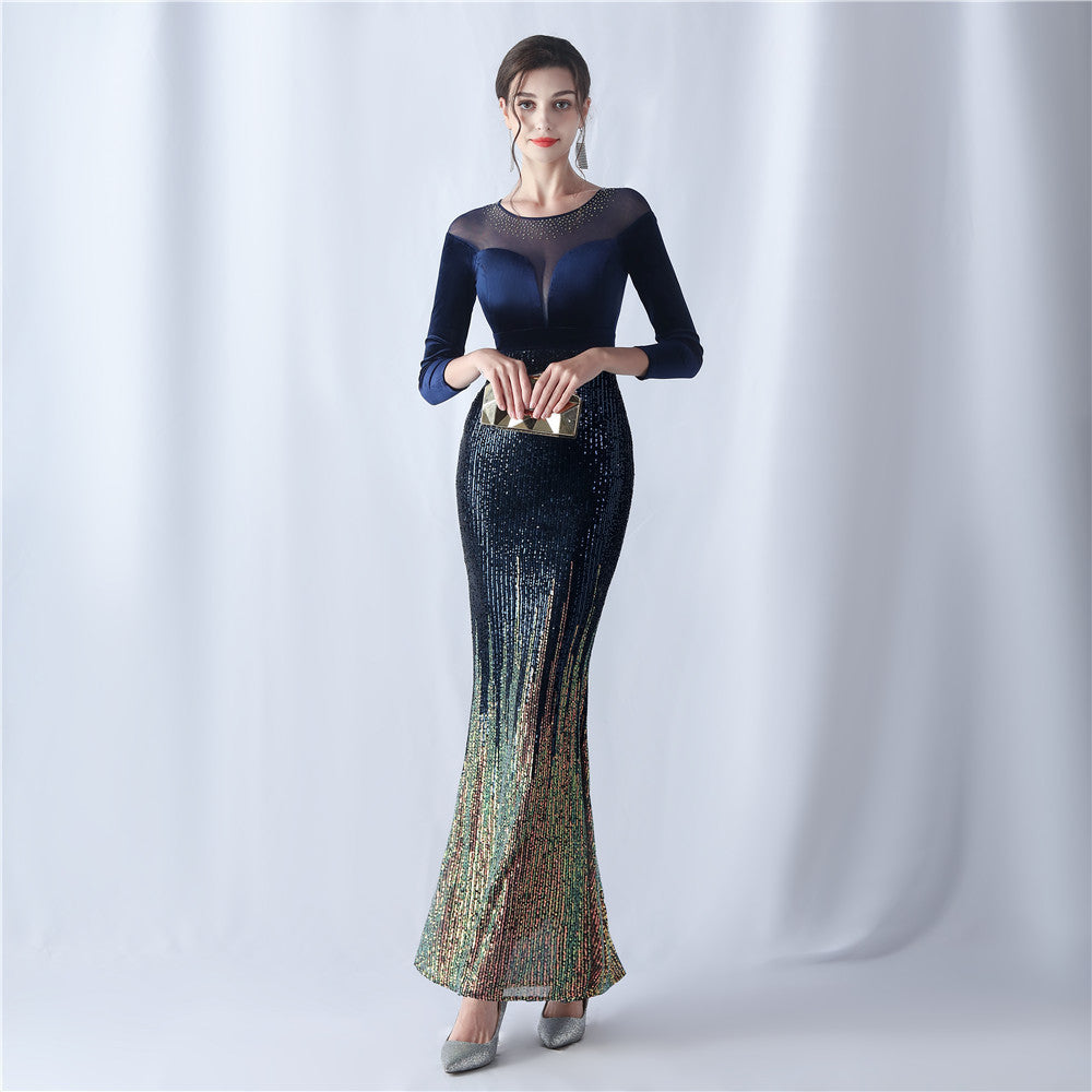 Formal Long Sleeve Patch Sequin Mermaid Evening Dress 6